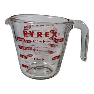 Vintage Pyrex Glass Measuring Cup Red Lettering Open J Handle 2 Cup 1 Pint